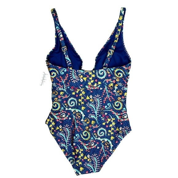 Nicole Miller One Piece Swimsuit S Blue Floral Sweetheart Adjustable Ruched NEW - Picture 2 of 15
